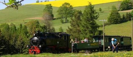 A green train with a black engine and a green car, moving on tracks through a rural landscape with yellow fields and green hills.
