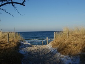 A sandy beach path leading to the ocean, flanked by tall grass and wooden posts. - Meerestraum by Interhome (Graal Müritz)