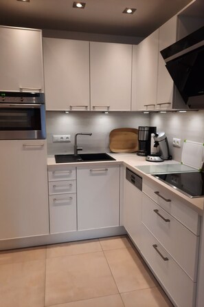 Fridge, oven, dishwasher, cookware/dishes/utensils