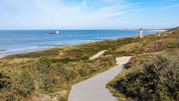 Ein Küstenpfad führt zu einem Leuchtturm, mit einem Schiffen im Hintergrund und wolkenlosem Himmel.