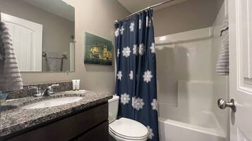 Hair dryer, towels, soap, toilet paper