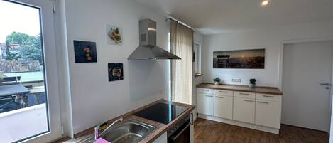 Fridge, oven, dishwasher, cookware/dishes/utensils