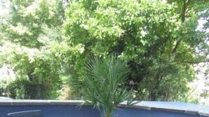 Eine Terrasse mit Korbmöbeln, einem Tisch und einem Blumentopf.