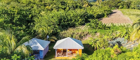 Un bungalow doté d’une terrasse, entouré d’une végétation luxuriante et avec une montagne en toile de fond.