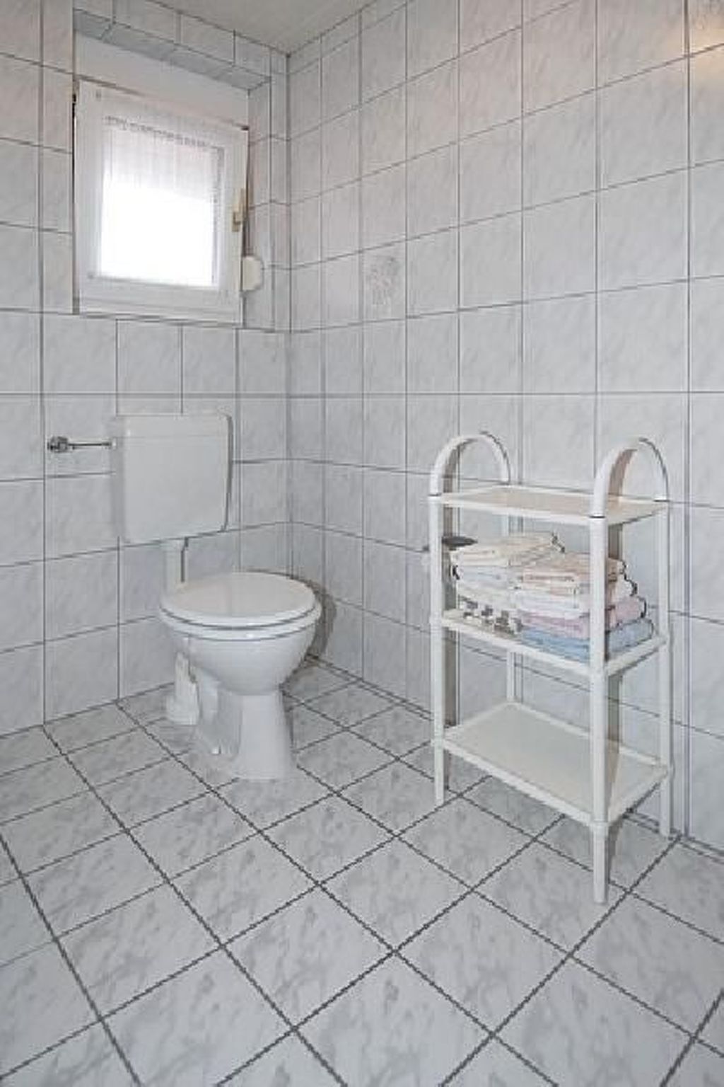 Un baño con inodoro, una estantería con libros y una ventana.