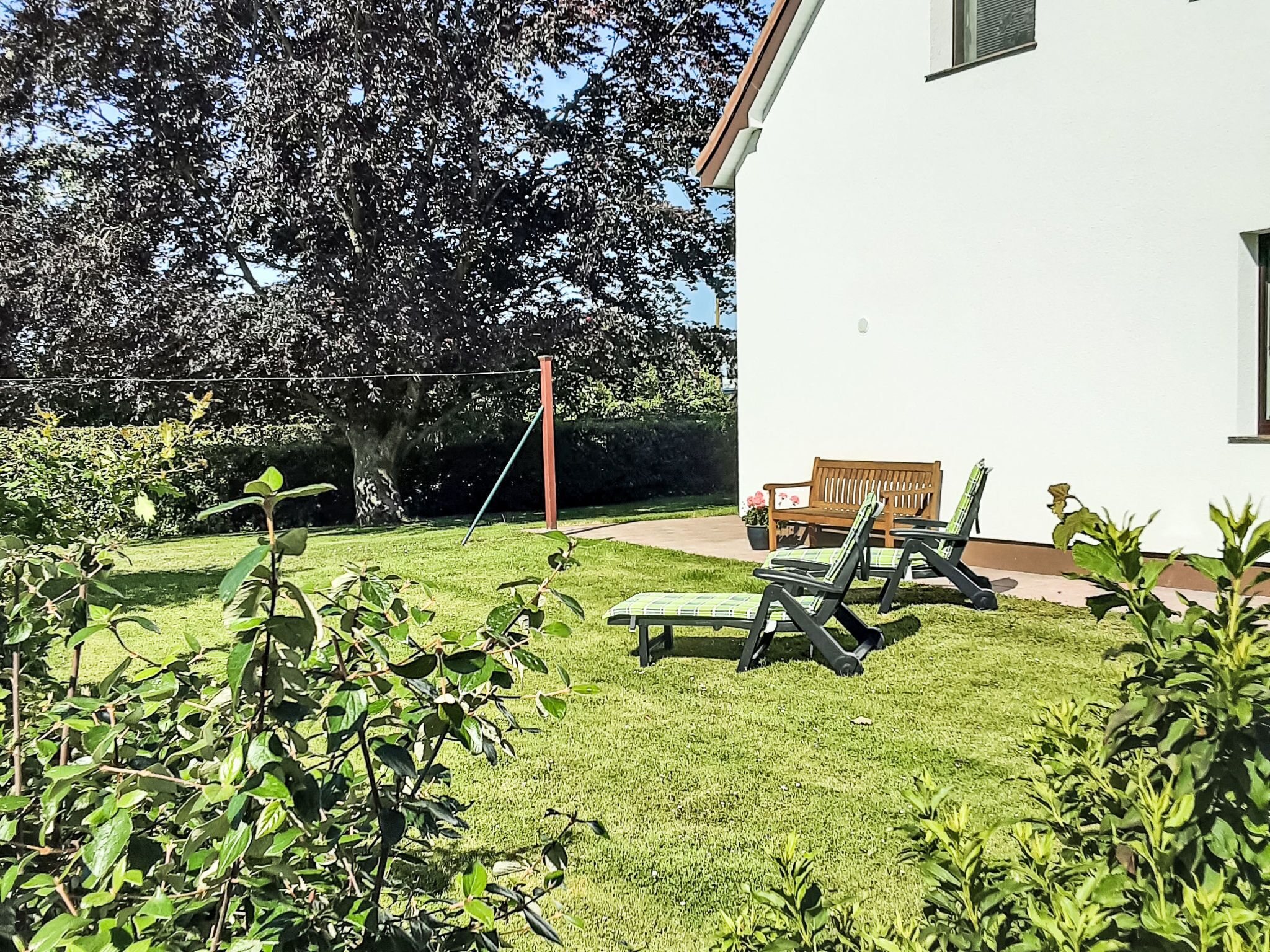 A well-maintained lawn with a wooden bench and lounge chairs, a swing set, and a large tree providing shade.