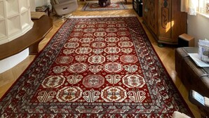Een ruime woonkamer met een groot, rood tapijt met een patroon, een bank, een salontafel en een kast.