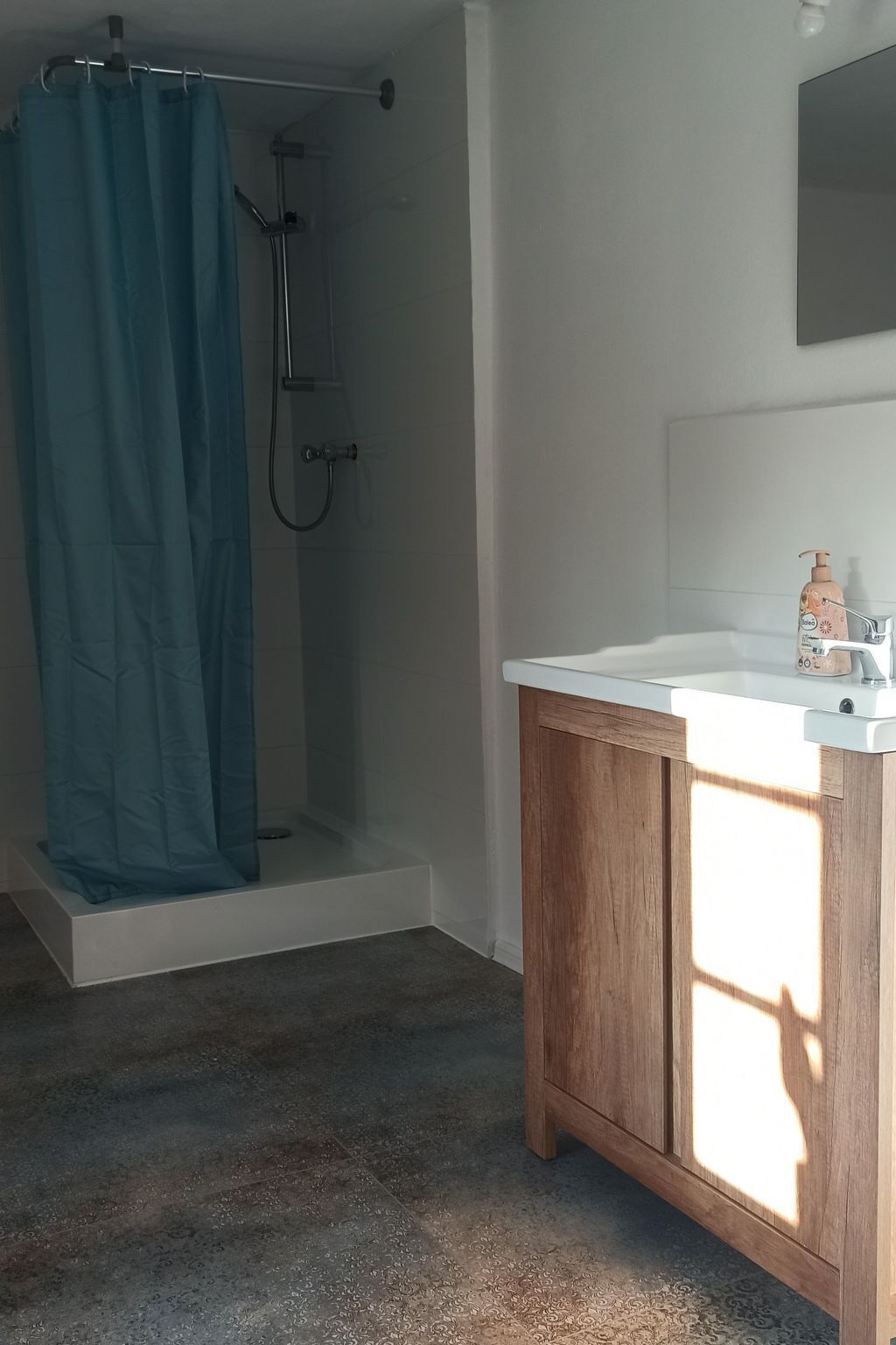 Un baño con ducha, lavamanos y espejo.