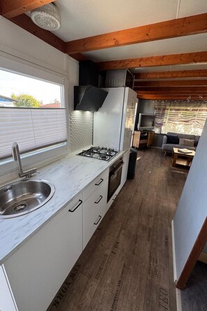 Fridge, oven, cookware/dishes/utensils