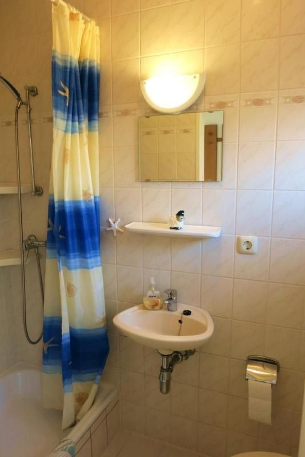 A bathroom with a shower, a sink with a soap dispenser, a mirror, and a toilet paper holder.