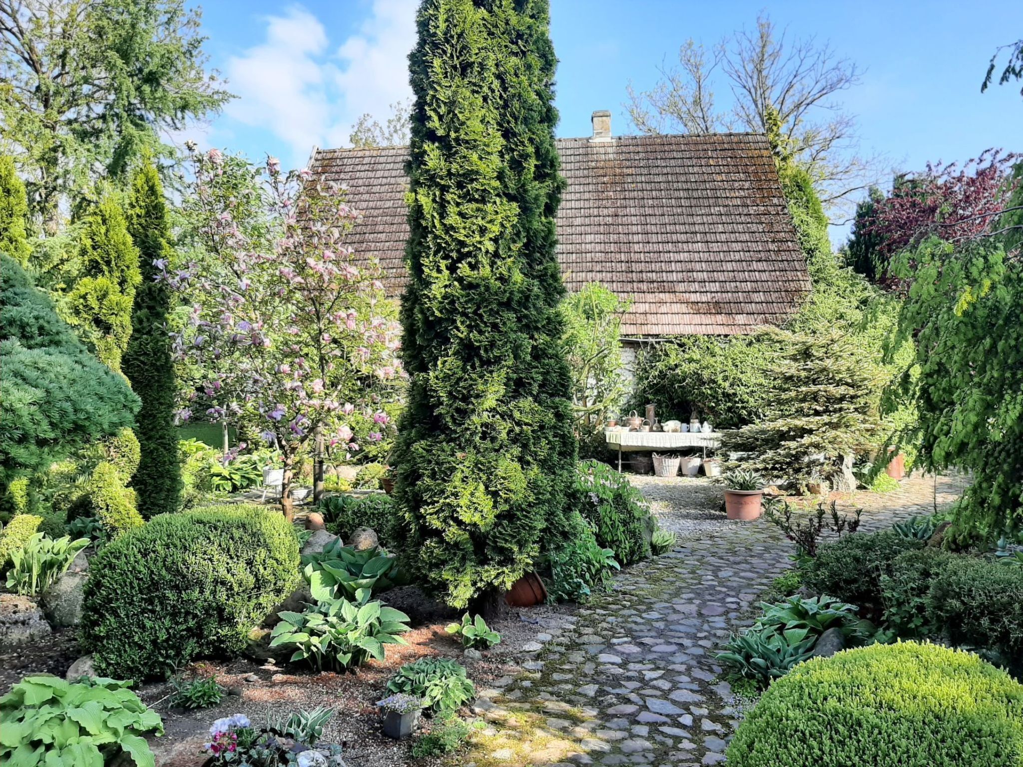 Un jardin avec un chemin de pierres, différentes plantes et un bâtiment doté d’un toit en tuiles.