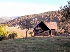 Una cabana de fusta amb teulada inclinada en un entorn rural, envoltada d'arbres i turons.
