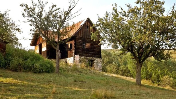 A rustic wooden house with a stone foundation, surrounded by grass and trees. - Cozo Fantu by Interhome (Vale)
