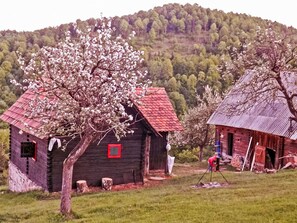 A rustic wooden cabin with a red roof, surrounded by a lush green landscape and a flowering tree.