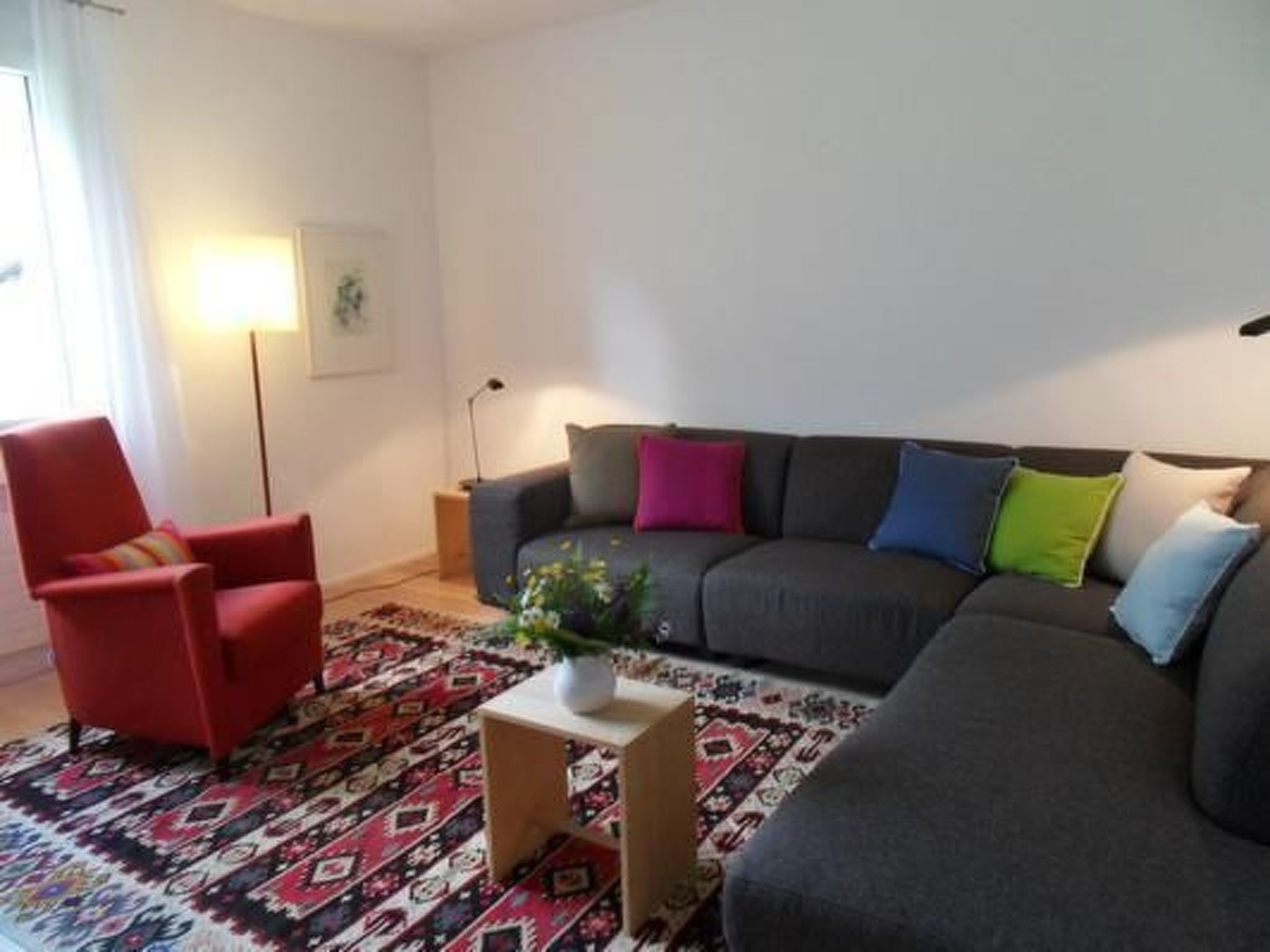 Een woonkamer met een rode fauteuil, een grijze bank met kleurrijke kussens, een tapijt met dessin en een kleine tafel met een vaas.