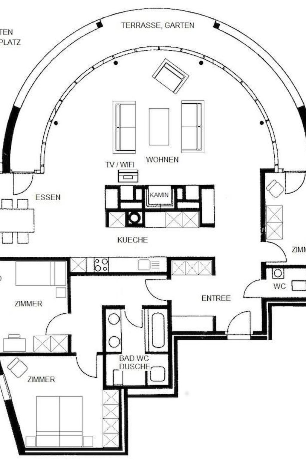 Plan d’étage d’un hôtel doté d’une terrasse, d’un jardin, d’une télévision/d’une connexion Wi-Fi, d’un salon, d’une cuisine, d’un coin repas, d’une salle de bain et de deux chambres.