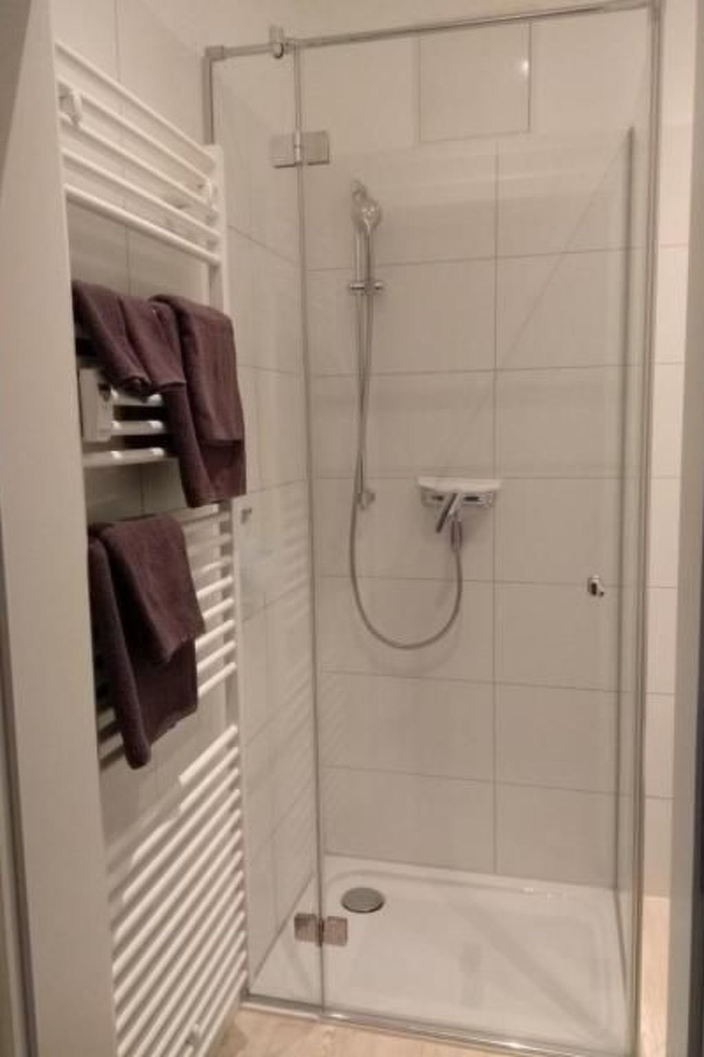 A glass-enclosed shower stall with a white tiled wall, a handheld showerhead, and a towel rack with dark towels.