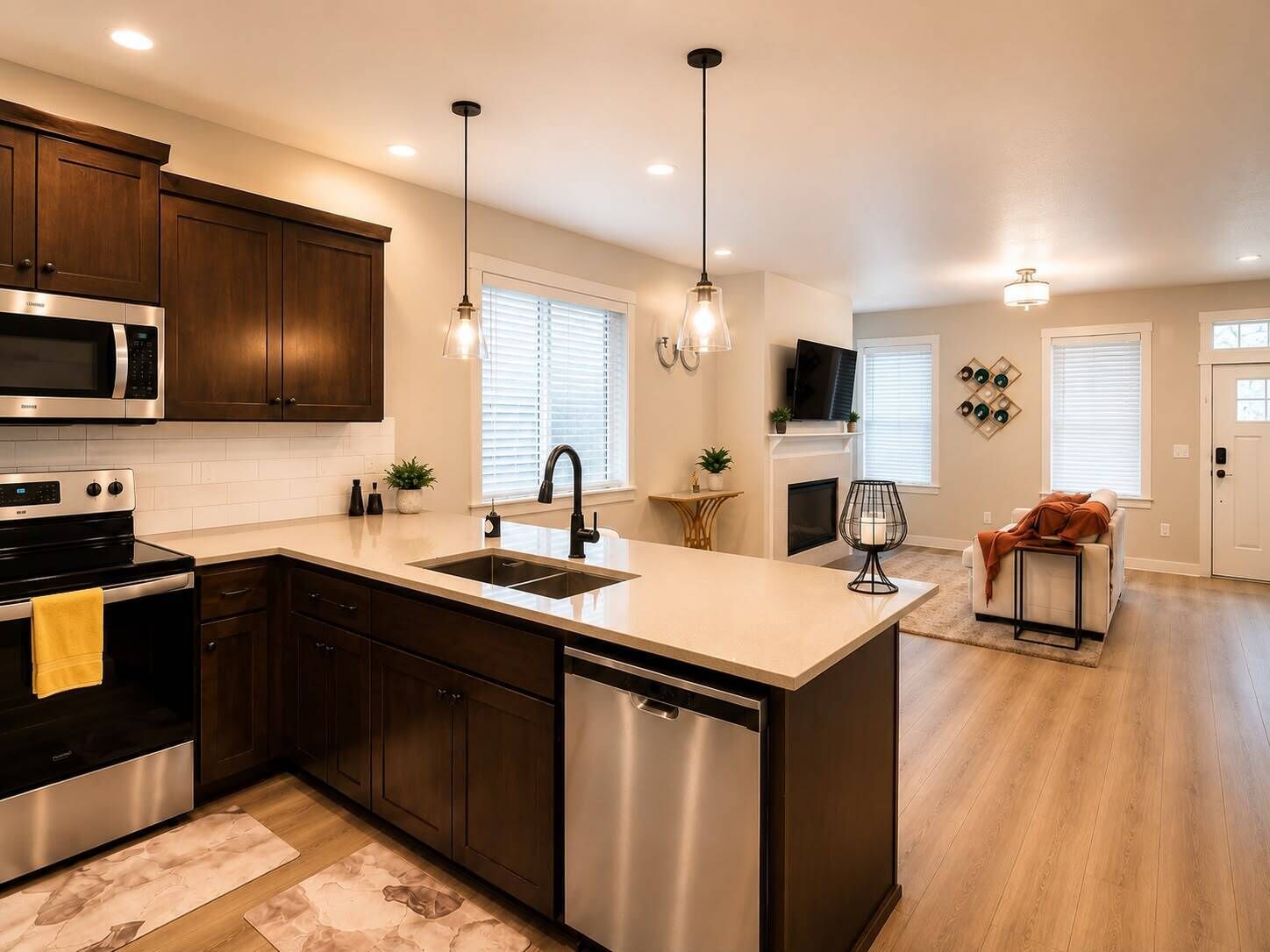 A modern kitchen with stainless steel appliances, wooden cabinets, and pendant lighting.
