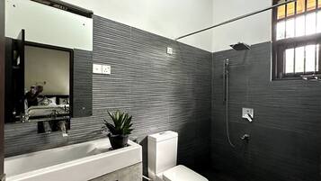 Chuveiro, secador de cabelo, bidê, toalhas de banho
