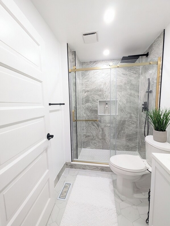 Shower, hair dryer, towels, soap