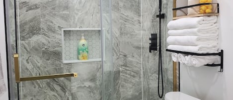 Shower, hair dryer, towels, soap