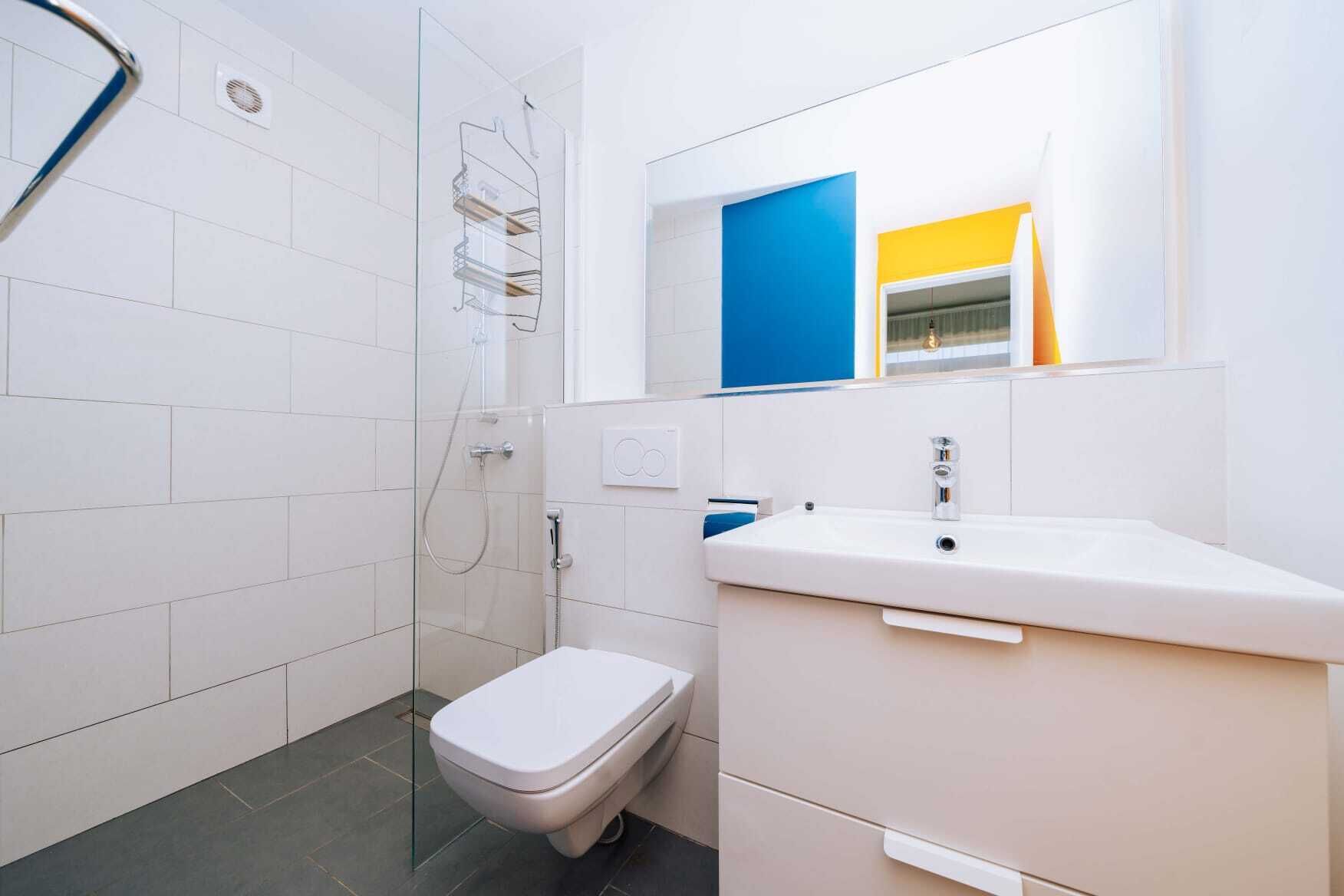Une salle de bain moderne avec une douche à parois de verre, des toilettes blanches et un lavabo surmonté d’un miroir.