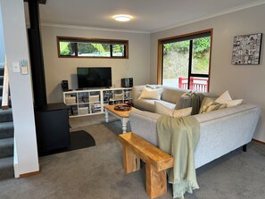 Smart TV, fireplace, DVD player, music library