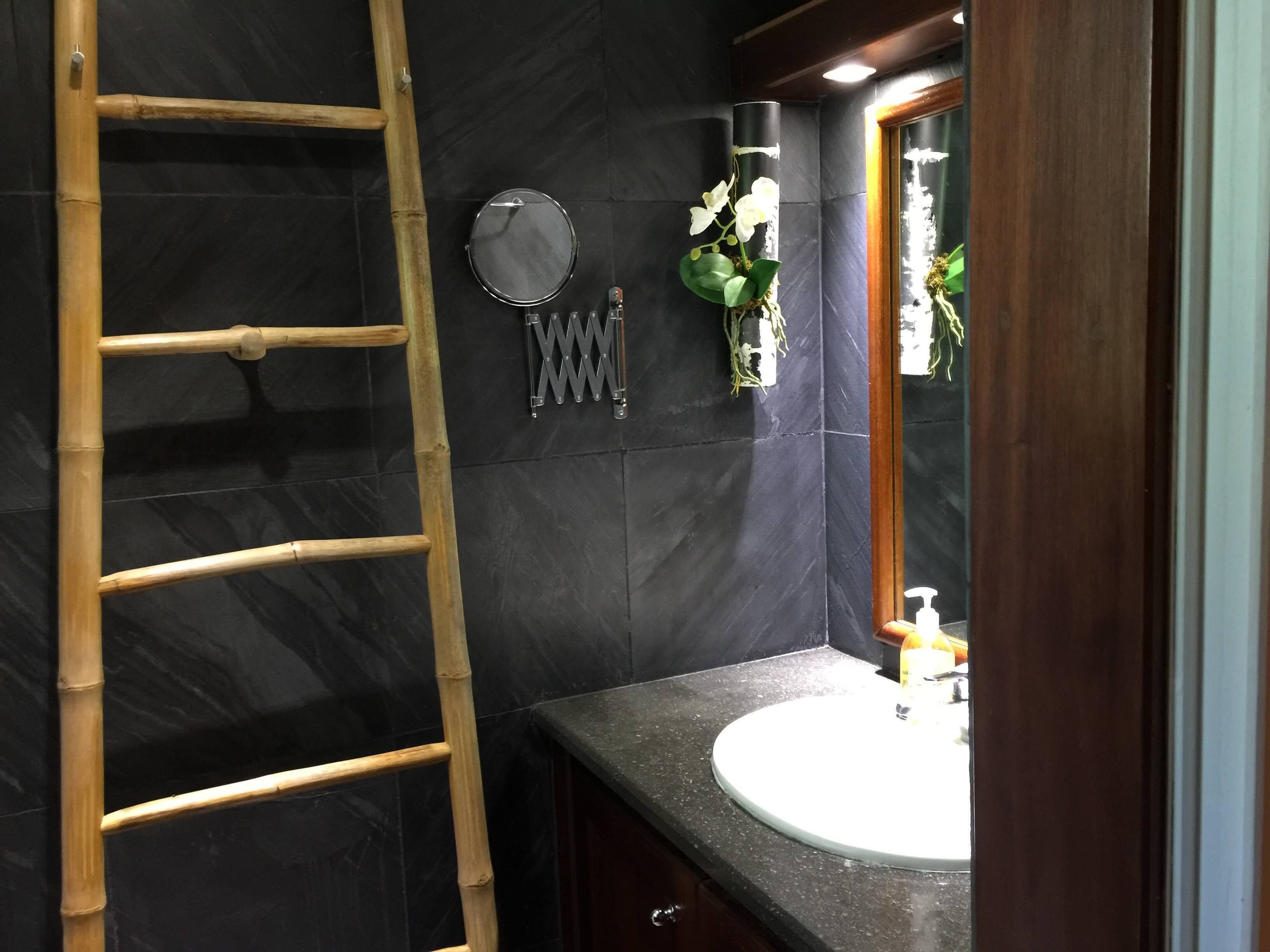 A bathroom with a black tiled wall, a wooden ladder, a round mirror, a sink with a soap dispenser, and a plant.