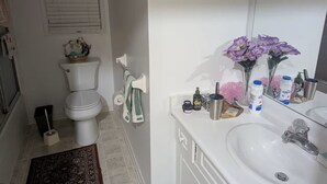 Une salle de bain équipée de toilettes, d’un lavabo et de divers produits de toilette.