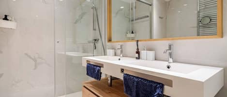 Hair dryer, bidet, towels, soap