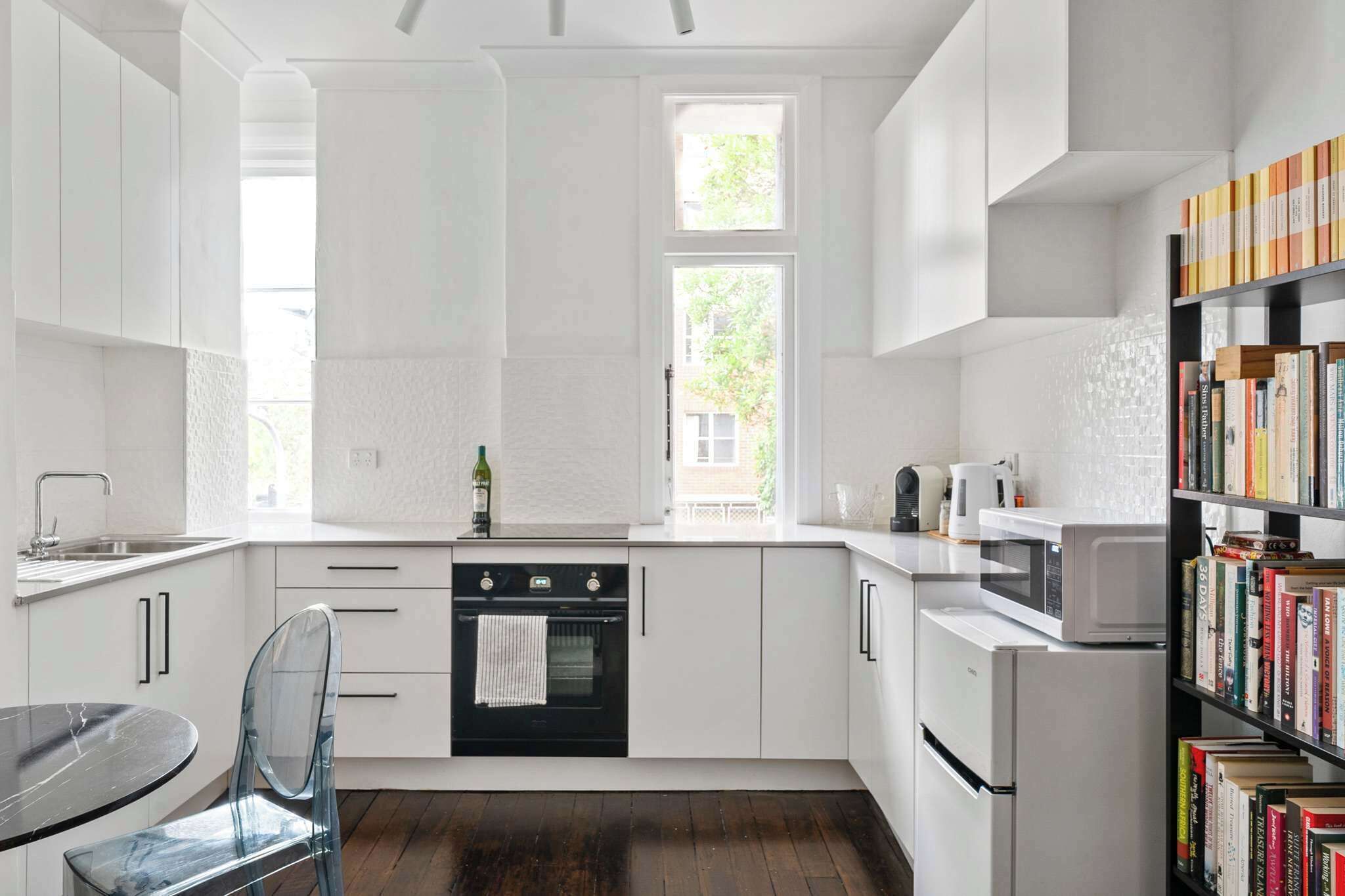 Fridge, microwave, oven, cookware/dishes/utensils