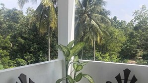 Un balcón con dos sillas de madera y una planta en maceta.