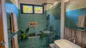 Eco-friendly toiletries, hair dryer, towels, soap
