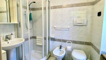 Shower, hair dryer, bidet, towels