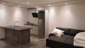 A modern kitchen with a built-in oven, a small island with a sink, and a dark-colored sofa in a compact living area. - 4 Star Holiday Home in Aabybro (Aabybro)