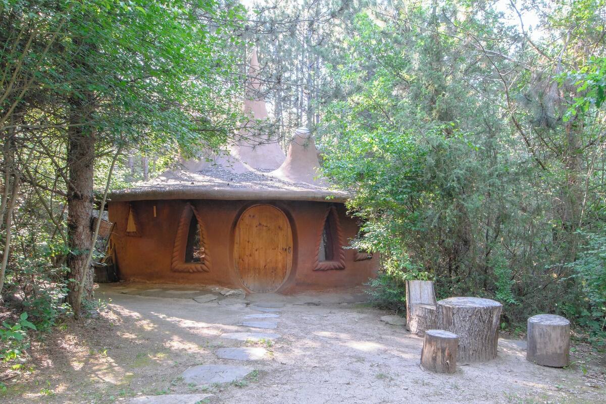 Une structure rustique, semblable à une cabane dans les arbres, entourée d’une forêt dense.