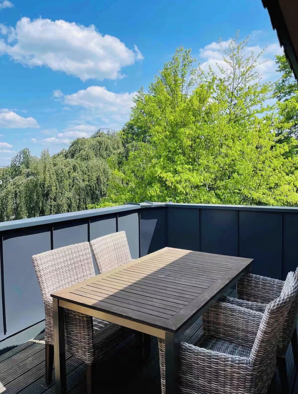 Patio esterno con tavolo in legno e sedie in vimini, circondato da un muro scuro e alberi verdi rigogliosi sullo sfondo.