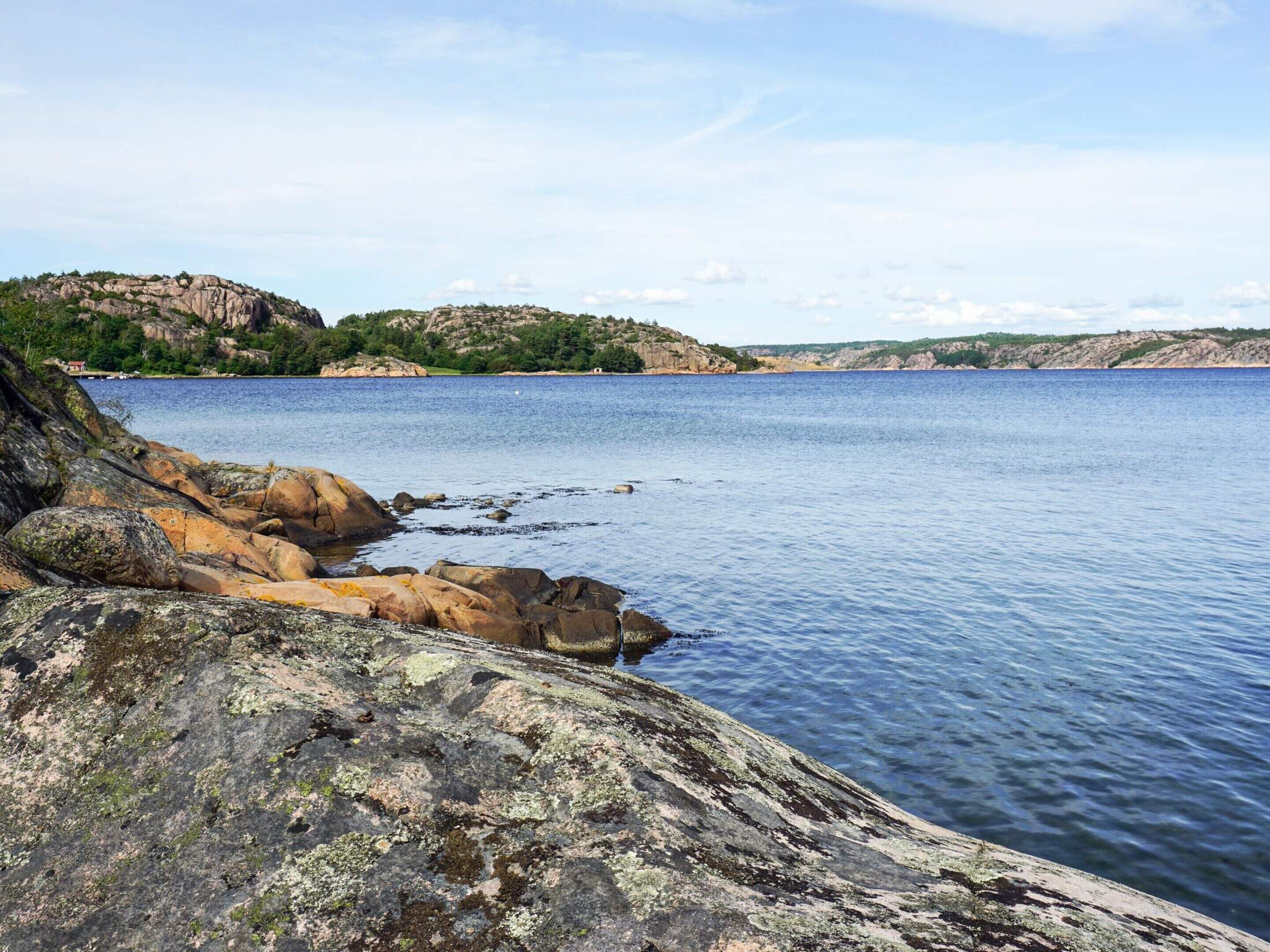 A rocky shoreline with calm water and distant hills.