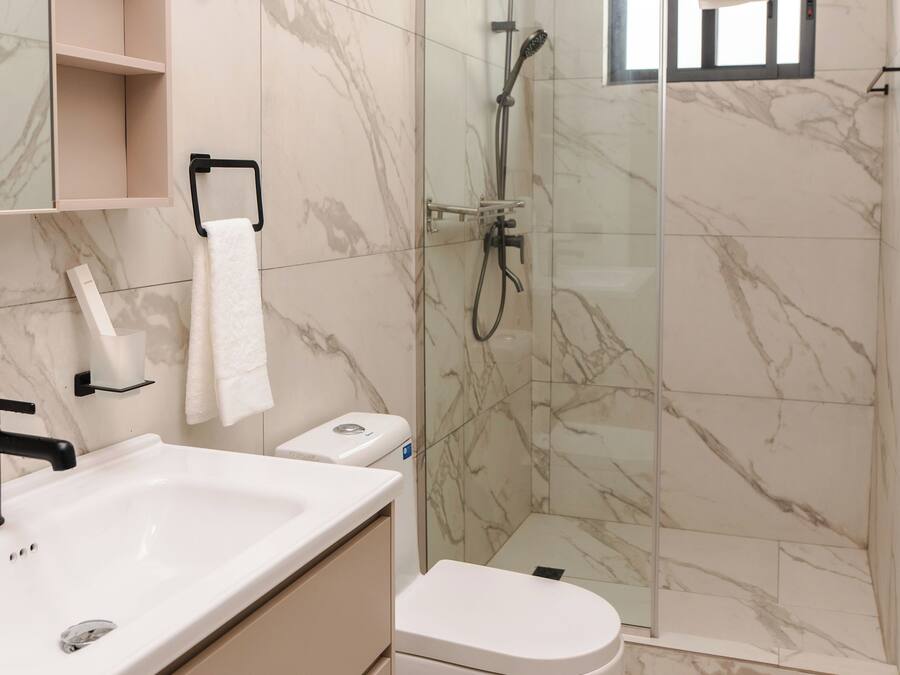 Un baño moderno con ducha envuelta en vidrio, lavamanos blanco y un inodoro.