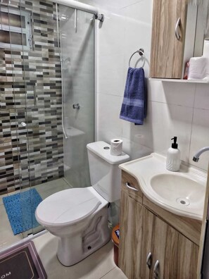 Douche, sèche-cheveux, serviettes fournies, papier toilette