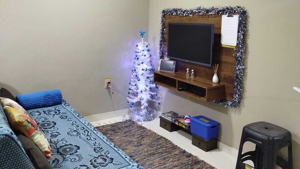 A living room with a sofa, a small TV, and a decorative tree. - Ground floor one-bedroom apartment in a condominium with swimming pools and 100 meters from the sea in Florianópolis, SC. (Florianópolis)
