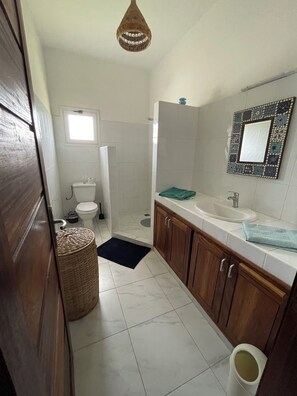 Regadera, secadora de cabello, toallas, papel de baño 