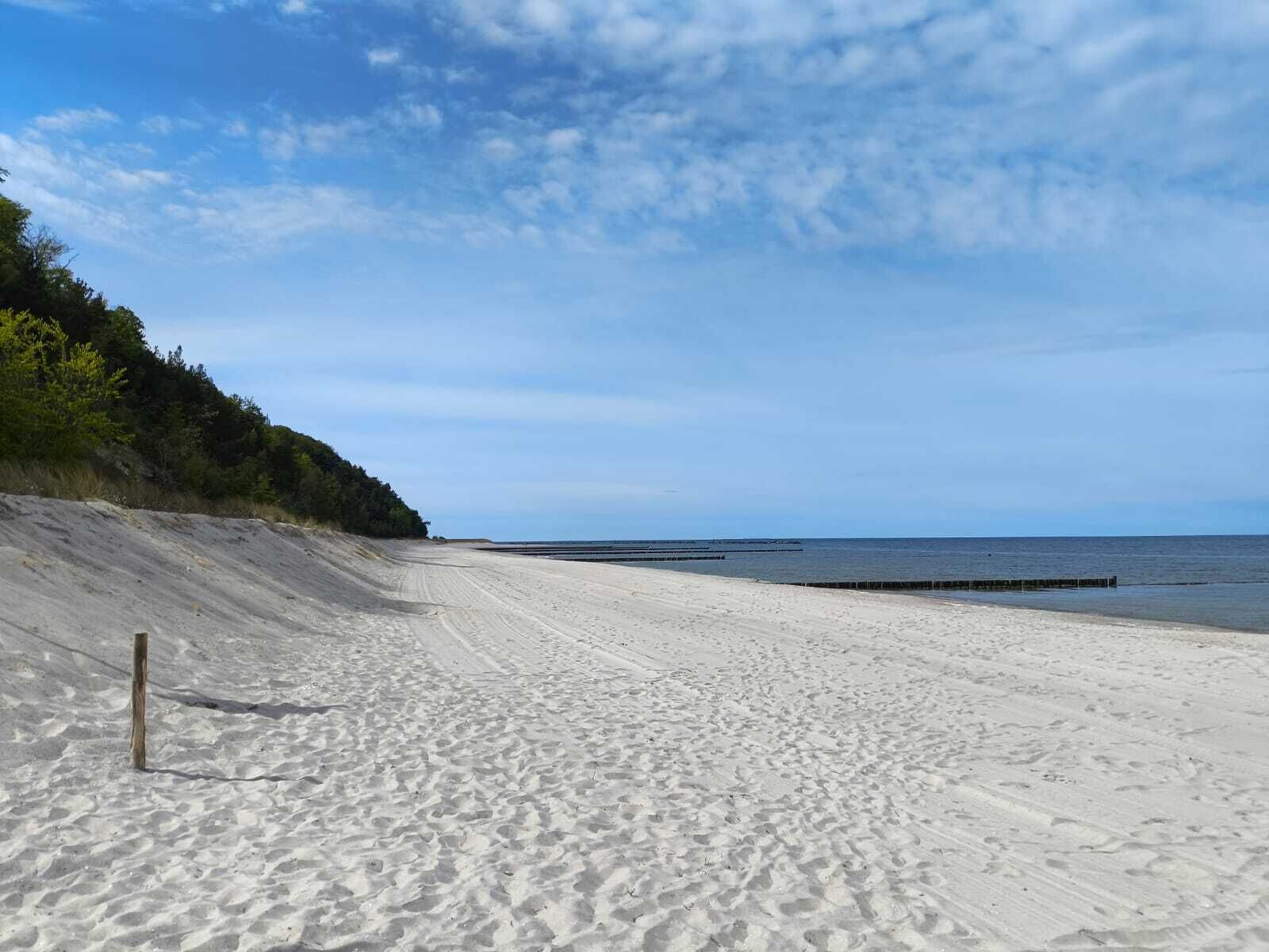 Una playa amplia y arenosa, con una pendiente suave hacia el agua, bordeada por abundante vegetación.