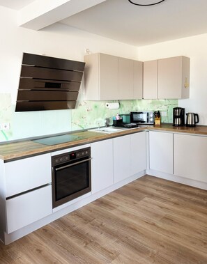 Fridge, microwave, oven, stovetop - Modern apartment in the heart of the Vogtland with a large garden & view of the water (Oelsnitz/Vogtl.)