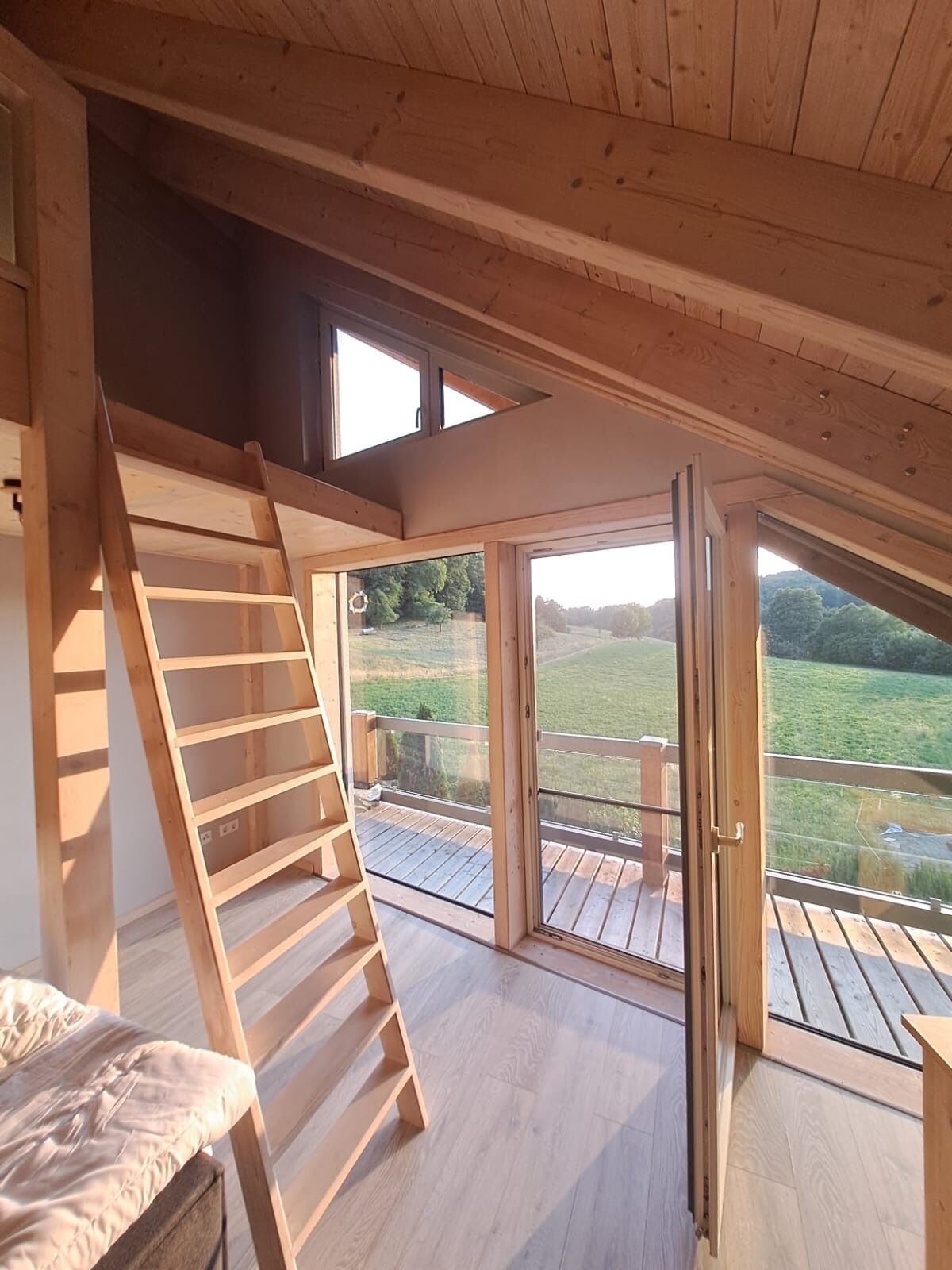 A loft bedroom with a wooden ladder, a large sliding glass door, and a view of a green landscape.