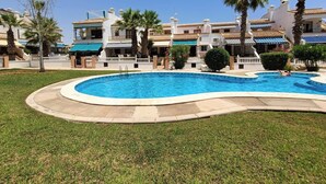 En swimmingpool omgivet af velholdt græs og palmer, med en bygning med et flis tag i baggrunden.