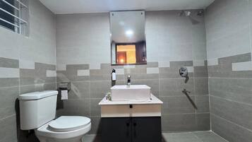 Shower, hair dryer, slippers, towels