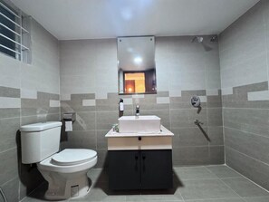 Regadera, secadora de cabello, pantuflas, toallas 