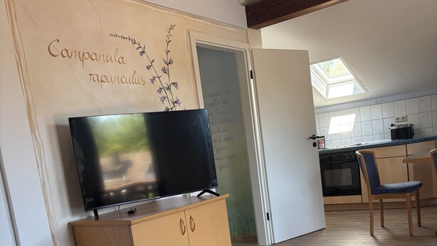 Una habitación con una televisión sobre un mueble de madera, una mesa con mantel decorativo y vistas a una cocina por una puerta abierta.