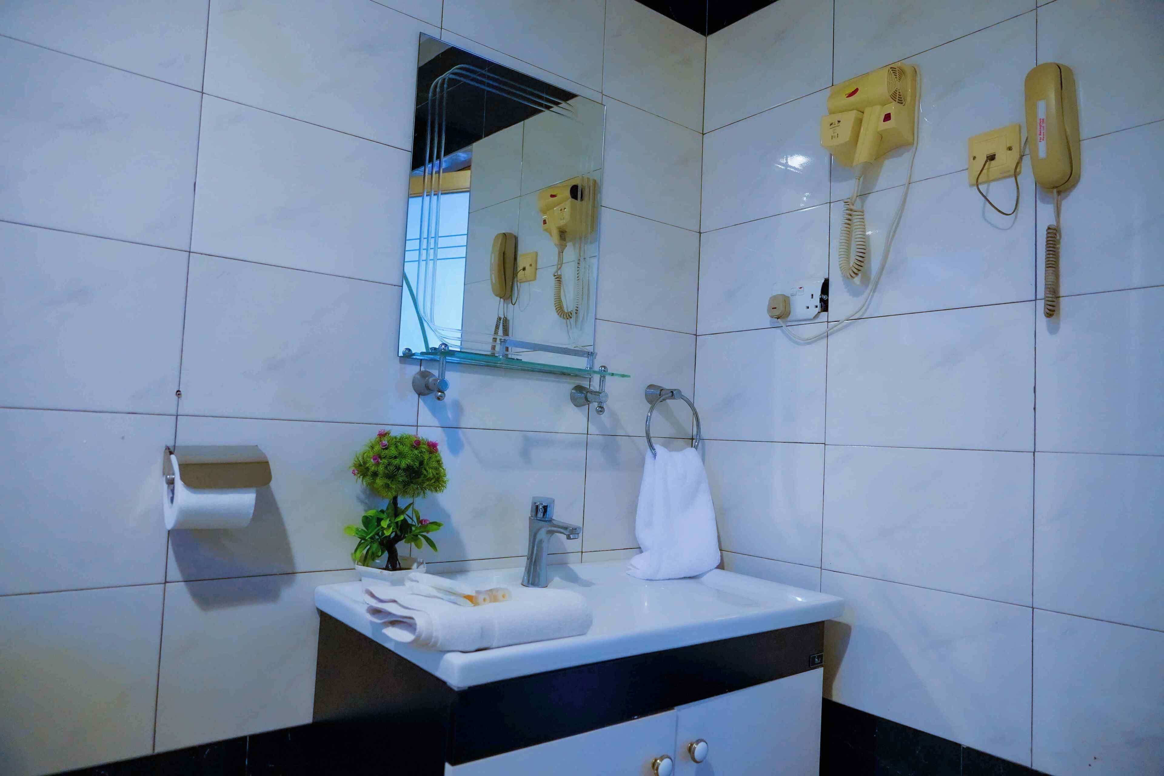 A bathroom with a white sink, a mirror, a towel rack, a toilet paper dispenser, and a telephone.